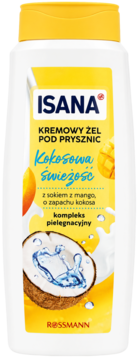 Isana kremowy żel pod prysznic Kokosowa Świeżość, biała butelka z żółtą etykietą mango i kokosa, przód.