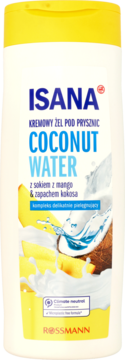 Isana Coconut Water kremowy żel pod prysznic, biała butelka, żółta nakrętka, grafika mango i kokosa.