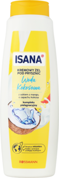 Isana kremowy żel pod prysznic Woda Kokosowa z mango. Biała butelka z żółtą etykietą, widok z przodu.