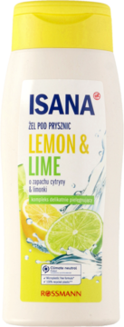 Isana Żel pod prysznic Lemon & Lime w białej butelce z żółtą zakrętką, widok z przodu, na etykiecie cytryna i limonka.
