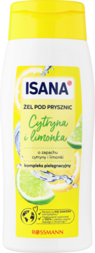 Isana Żel pod prysznic Cytryna i Limonka w białej butelce z żółtą nakrętką, widok z przodu, świeży zapach.