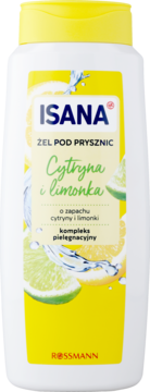 Isana Żel pod Prysznic Cytryna i Limonka w białej butelce z żółtą nakrętką, z przodu widać cytrusy i wodę.