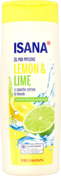 Isana Lemon & Lime żel pod prysznic, biała butelka z żółtą nakrętką i grafiką cytryn i limetek, widok z przodu.