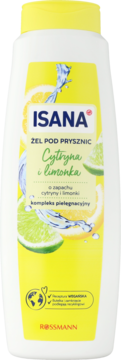 Isana Żel pod Prysznic Cytryna i Limonka, biała butelka z żółtą etykietą i grafiką cytryn i limetek.