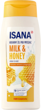 Biała butelka żelu pod prysznic ISANA Milk & Honey z żółtą zakrętką, widok z przodu, z grafiką miodu i mleka.