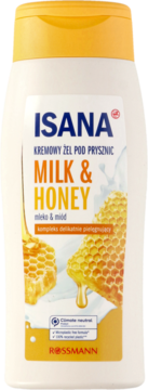 Biała butelka żelu pod prysznic ISANA Milk & Honey z żółtą zakrętką, widok z przodu, z grafiką miodu i mleka.