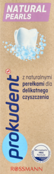 Prokudent Natural Pearls pasta do zębów, brązowa tubka, rysunek zęba, tekst "NATURAL PEARLS" i "Microplastic FREE".
