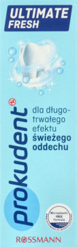 Prokudent Ultimate Fresh pasta do zębów, niebieska tubka, przód. Świeży oddech, formuła bez mikroplastiku.