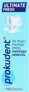 Prokudent Ultimate Fresh pasta do zębów, jasnoniebieskie opakowanie z grafiką zęba i tekstem o świeżym oddechu.