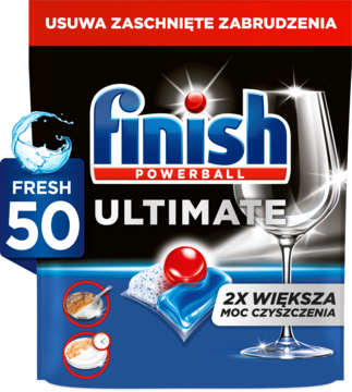 Finish Powerball Ultimate 50 kapsułek do zmywarki w niebieskim opakowaniu, widok z przodu, usuwa zaschnięte jedzenie.