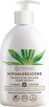 Barwa Hipoalergiczne szare mydło w płynie z konopi, biała butelka z pompką, dla skóry łuszczycowej, przód.