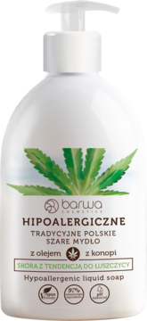 Barwa Hipoalergiczne szare mydło w płynie z konopi, biała butelka z pompką, dla skóry łuszczycowej, przód.