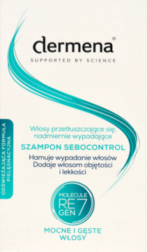 Dermena SZAMPON SEBOCONTROL w białym pudełku z tealowymi falami, hamuje wypadanie włosów, dodaje objętości.
