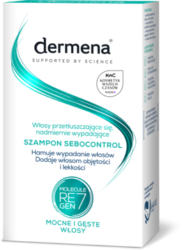 Dermena SZAMPON SEBOCONTROL w białym pudełku z zielonym wzorem, na przetłuszczające się i wypadające włosy. Widok z przodu.