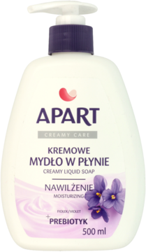 Apart Kremowe Mydło w Płynie Fiołek 500ml, biała butelka z fioletową pompką, widok z przodu, z prebiotykiem.