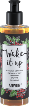 Anwen Wake It Up enzymatyczny szampon kawowy, czarna butelka z pompką, grafika kawy. Widok z przodu.