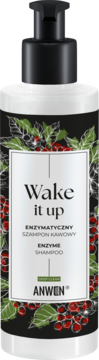 Anwen Wake It Up enzymatyczny szampon kawowy. Biała butelka z czarną pompką, etykieta z wzorem kawowca.