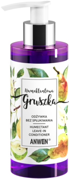 Anwen Humektantowa Gruszka odżywka bez spłukiwania, fioletowa butelka z pompką, etykieta w gruszki, widok z przodu.