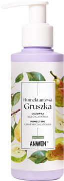 Anwen Humektantowa Gruszka Leave-in Conditioner, fioletowa butelka z białą pompką i etykietą w gruszki.