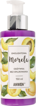Fioletowa butelka z pompką odżywki do włosów Anwen Emolientowa Morela 150 ml z grafiką moreli, widok z przodu.