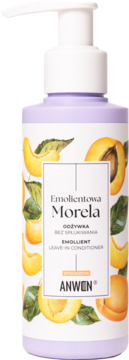 ANWEN Emolientowa Morela leave-in conditioner, liliowa butelka z pompką, z grafiką moreli.