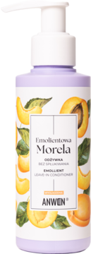 ANWEN Emolientowa Morela leave-in conditioner, liliowa butelka z pompką, z grafiką moreli.