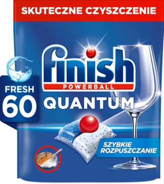 Niebieskie opakowanie Finish Powerball Quantum 60 tabletek do zmywarki, z wizualizacją czyszczenia i rozpuszczania.