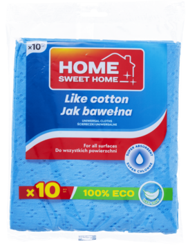 Niebieskie ściereczki uniwersalne HOME SWEET HOME Like cotton, 10 sztuk, 100% ECO. Opakowanie w folii, widok z przodu.