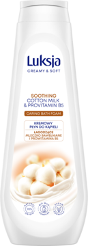 Biała butelka Luksja Creamy & Soft Soothing Cotton Milk & Provitamin B5 Płyn do kąpieli, z przodu na białym tle.