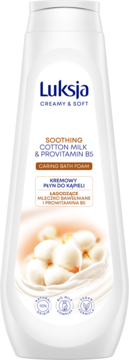 Biała butelka Luksja Creamy & Soft Soothing Cotton Milk & Provitamin B5 Płyn do kąpieli, z przodu na białym tle.