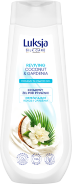 Biała butelka żelu Luksja Silk Care Coconut & Gardenia, kremowy żel, widok z przodu, z grafiką kokosa i gardenii.