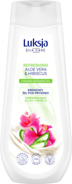 Biała butelka Luksja Silk Care żel pod prysznic Aloe Vera & Hibiscus, kremowy, widok z przodu.