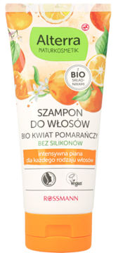 Alterra szampon do włosów Bio Kwiat Pomarańczy bez silikonów, w białej tubie z pomarańczową nakrętką, widok z przodu.