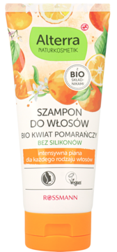 Alterra szampon do włosów Bio Kwiat Pomarańczy bez silikonów, w białej tubie z pomarańczową nakrętką, widok z przodu.