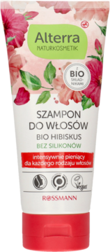Alterra szampon Bio Hibiskus, biała tubka z różowym wzorem kwiatowym, bez silikonów, widok z przodu.