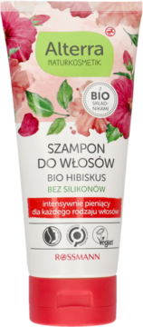 Alterra szampon Bio Hibiskus, biała tubka z różowym wzorem kwiatowym, bez silikonów, widok z przodu.