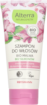 Alterra Bio Malwa szampon do włosów w białej tubce z kwiatowym wzorem, bez silikonów, widok z przodu.