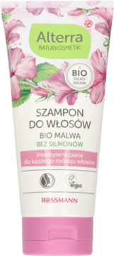 Alterra Bio Malwa szampon do włosów w białej tubce z kwiatowym wzorem, bez silikonów, widok z przodu.
