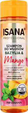 Isana Professional szampon Bazylia & Mango, bez silikonów, w pomarańczowej butelce, do włosów zniszczonych.
