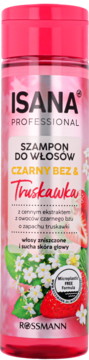 Różowy szampon Isana Professional Czarny Bez & Truskawka do włosów zniszczonych, z kwiatami, widok z przodu.