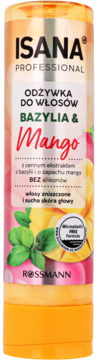 Odżywka ISANA PROFESSIONAL Mango & Bazylia, butelka, front. Pielęgnacja włosów zniszczonych, bez silikonów.