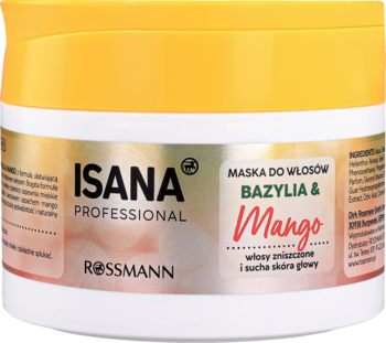 Isana Professional Maska do Włosów Bazylia & Mango, biała tubka z żółtą zakrętką, na etykiecie mango i bazylia.