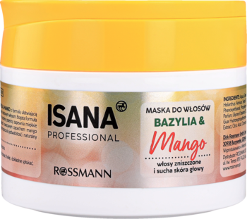 Isana Professional Maska do Włosów Bazylia & Mango, biała tubka z żółtą zakrętką, na etykiecie mango i bazylia.