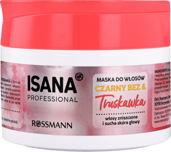 Isana Professional Maska do Włosów Czarny Bez & Truskawka, biały słoik z różowym wieczkiem, widok z przodu.
