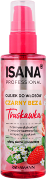 ISANA PROFESSIONAL olejek do włosów Czarny Bez & Truskawka, różowa butelka z pompką, na suche i zniszczone włosy.