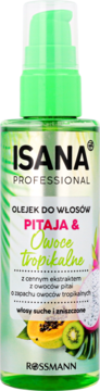 ISANA Olejek do Włosów Pitaja & Owoce Tropikalne, zielona butelka z pompką, grafiką owoców, dla włosów suchych.