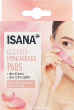 Isana Pads do depilacji twarzy, różowo-białe opakowanie, z kobietą i płatkami róż. Bez chemii. Widok z przodu.