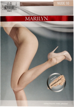 Zapakowane rajstopy Marilyn Nude 10 den, półmatowe, z modelką prezentującą gładkie nogi.