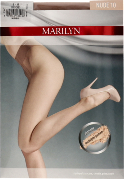 Zapakowane rajstopy Marilyn Nude 10 den, półmatowe, z modelką prezentującą gładkie nogi.
