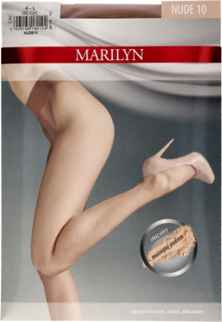 Opakowanie rajstop Marilyn Nude 10 den, z nogami modelki w półmatowych rajstopach na jasnym tle. Widoczny efekt "puder".